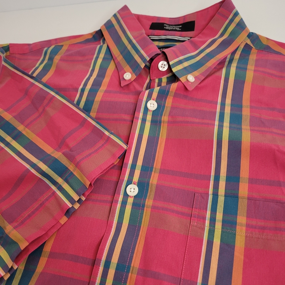 Nordstrom Men's Shop Shirt Mens Medium Pink Plaid Excellent Short Sleeve Cotton